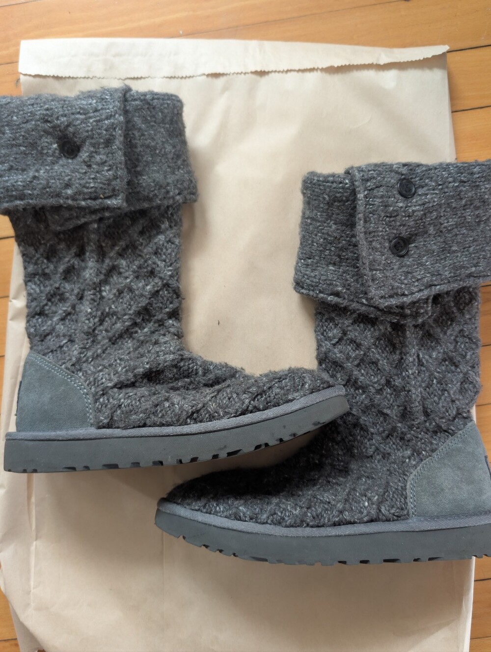 Women's Gray Knit Fold-Over Lattice Ugg Boots